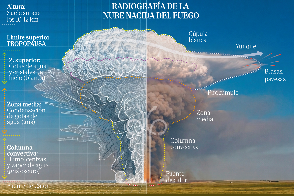 Pirocumulonimbo, la monstruosa nube que nace del propio incendio y lo hace imprevisible: "Es como si el fuego tuviera vida propia"
