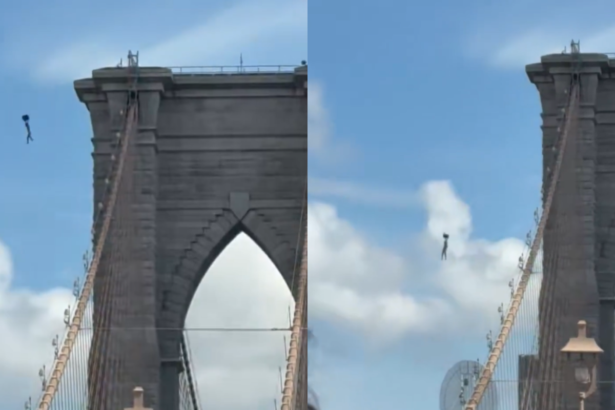 Un hombre salta desnudo desde la torre del puente de Brooklyn y sobrevive utilizando su mochila de reparto como paracaídas