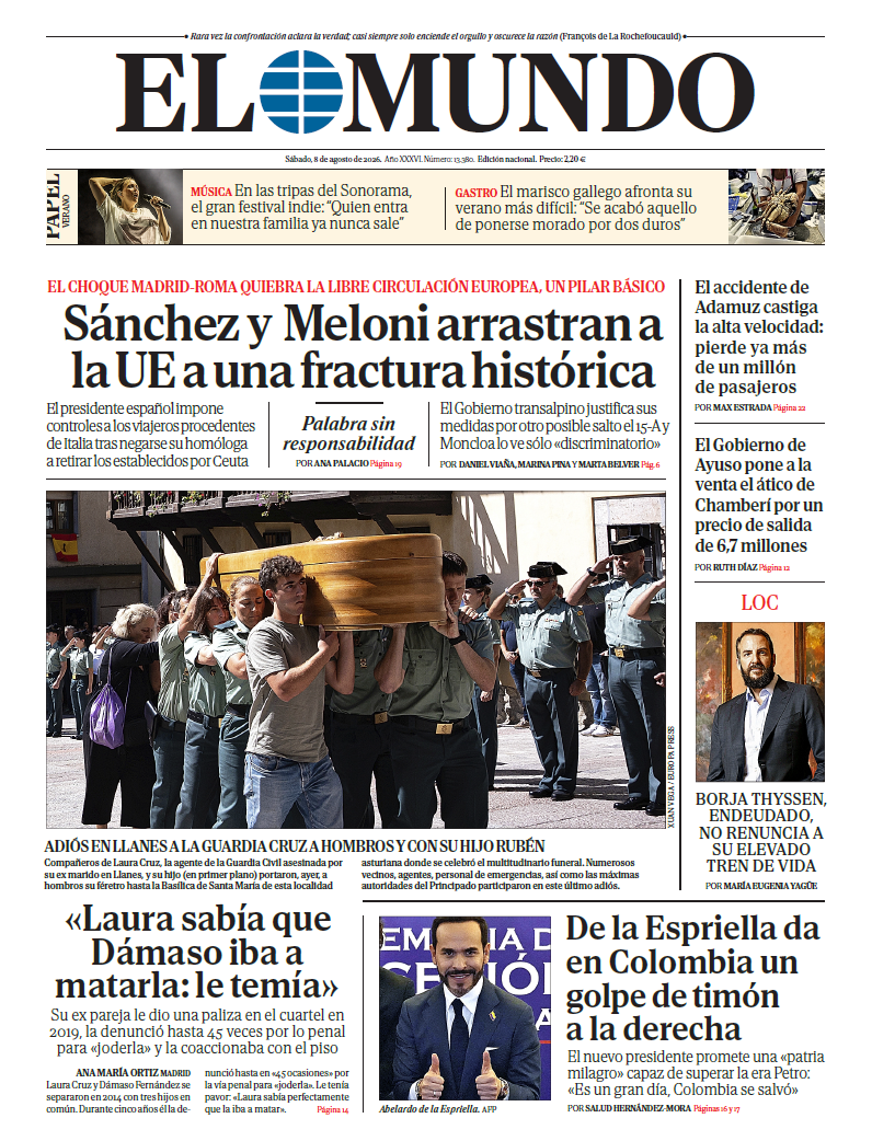 Portada de EL MUNDO del sábado 8 de agosto de 2026