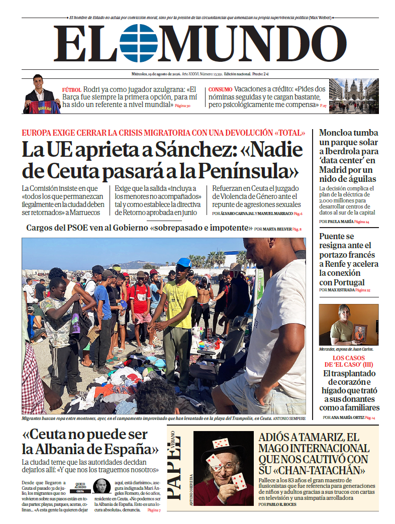 Portada de EL MUNDO del miércoles 19 de agosto de 2026