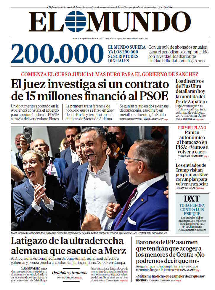 Portada de EL MUNDO del lunes 7 de septiembre de 2026