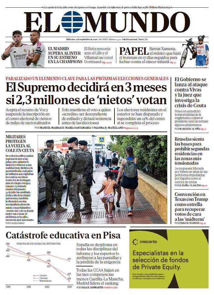 Portada de EL MUNDO del miércoles 9 de septiembre de 2026
