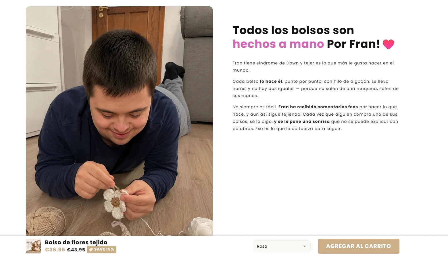 Facua denuncia a una web que vende bolsos usando como "gancho" a un joven con síndrome de Down generado con IA
