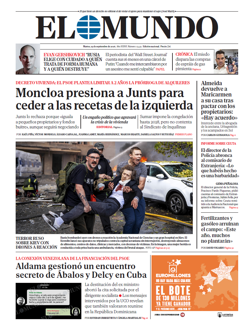 Portada de EL MUNDO del martes 29 de septiembre de 2026