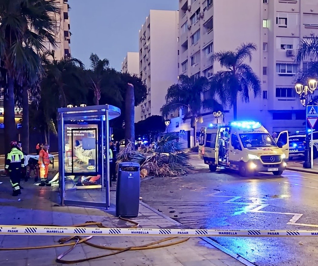 Un  turismo sale volando y se empotra contra la fachada de un edificio en Marbella