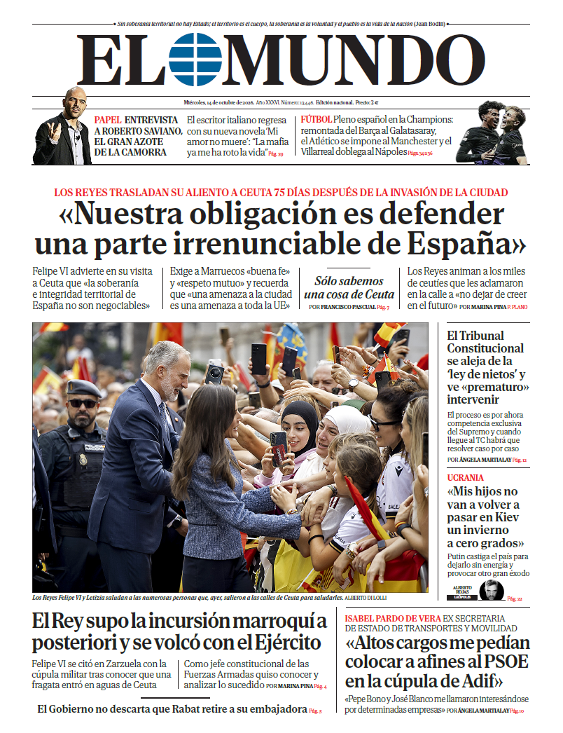 Portada de EL MUNDO del miércoles 14 de de octubre de 2026