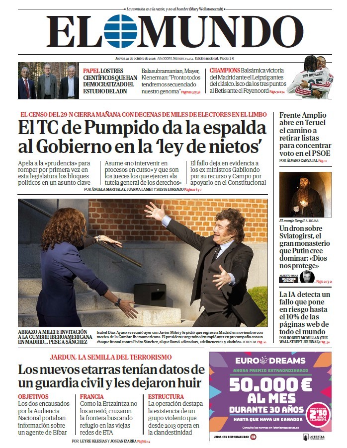Portada de EL MUNDO del jueves 22 de octubre de 2026