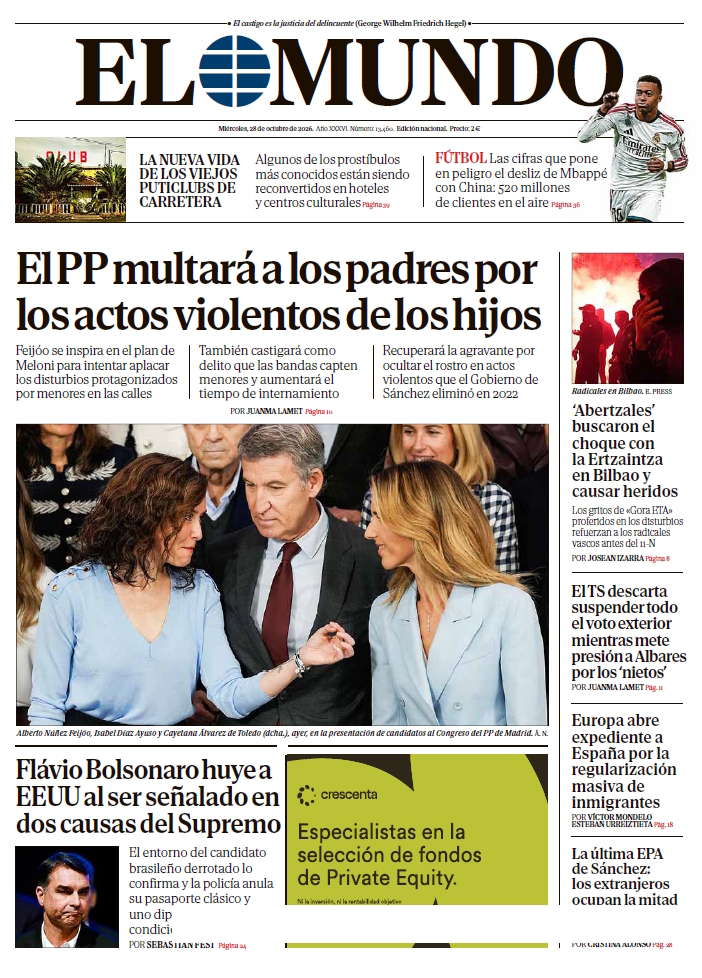 Portada de EL MUNDO del miércoles 28 de octubre de 2026