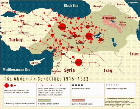 Mapa de la masacre otomana contra los armenios, según un centro para el reconocimiento del 