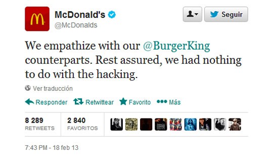 'Tuit' de McDonald's solidarizándose con Burger King.