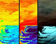 La imagen de la derecha muestra la fotografa recibida (con el hielo abajo), la del centro muestra el hielo de dixido de carbono, y la de la izquierda el hielo de agua. (ESA)