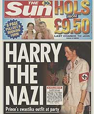 Portada de 'The Sun' con la imagen de Harry vestido de soldado nazi. (Foto: EPA)