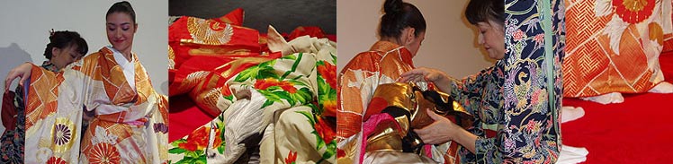 La seora Eiko, en diferentes momentos de la colocacin del kimono. (Fotos: V.H.)
