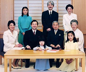 Los emperadores Akihito y Michiko, sentados a la derecha, junto al prncipe heredero, Naruhito, la esposa de ste, Masako, y su hija, Aiko, en primer plano. Al fondo en el centro, el prncipe Akishino, y su esposa, Kiko, a su izquierda. (Foto: AP)