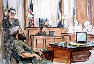 Dibujo del momento en el que Moussaoui escucha la sentencia que lo condena a cadena perpetua. (Foto: EFE)