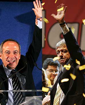 Calderón y López Obrador celebran su victoria al cierre de los colegios. (Foto: AP)