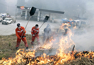 Bomberos y Proteccin Civil luchan contra el fuego en Santiago. (Foto: EFE)