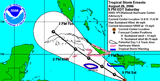 Trayectoria prevista de la tormenta Ernesto. (Fuente:  National Hurricane Center)