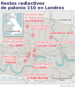 Ocho de los 12 lugares donde se han encontrado restos de polonio 210