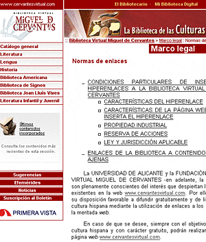 Página con los requisitos para enlazar a la Biblioteca Virtual Miguel de Cervantes.