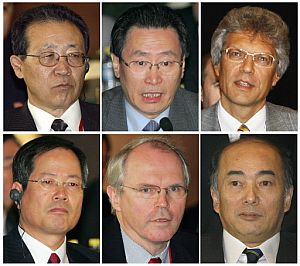 Los seis negociadores (de arriba a abajo y de izquierda a derecha) de Corea del Norte, China, Rusia, Corea del Sur, EEUU y Japón. (Foto: AFP)