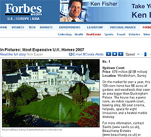 Portada de la noticia de Forbes.com. Imagen de la propiedad ms cara, en el Reino Unido.
