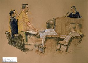Hicks, en un dibujo, ante el militar que le juzga. (Foto: AP)