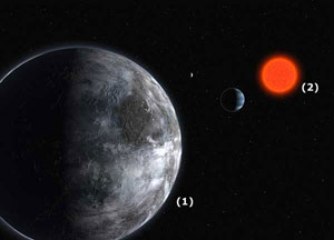 Ilustración del nuevo planeta(1) y de 'Gliese 581'(2), la estrella alrededor de la que gira. (Foto: ESO)