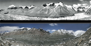 Dos fotos del Himalaya en la que se muestra que los glaciares se han ido derritiendo. La de arriba de 1968 y la otra del 2007. (Foto: AFP)