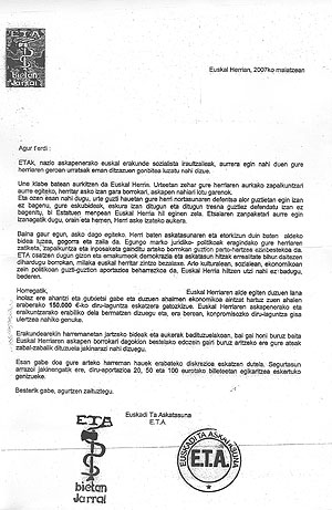 Una de las cartas de ETA enviadas a empresarios. Lala en PDF. (Foto: EL MUNDO)