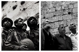 Tres soldados israeles, momentos despus de ocupar el Muro de las Lamentaciones en 1967, son fotgrafiados en el mismo lugar 40 aos depus. (Fotos: D. Rubinger / Jim Hollander)