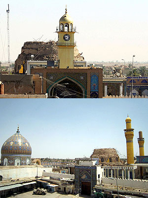 Arriba, el templo sin los dos minaretes destrozados por una bomba. Abajo, imagen del mausoleo el pasado 8 de mayo con sus dos torres. (Fotos: AFP)