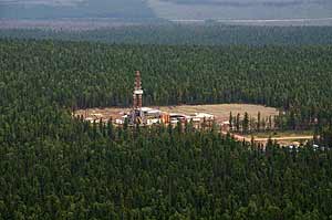 Campo de gas en la regin de Irkutsk, en el este de Siberia, rodeado por un bosque de conferas.