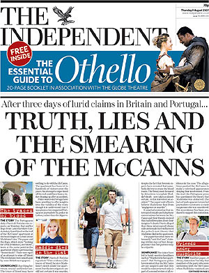 Portada del 'Independent', que reza: "Verdad, mentiras y la difamación de los McCann". (Foto: Reuters)