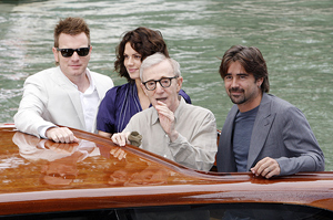 De dcha. a izda. los protagonistas y el director de 'Cassandra's Dream': Ewan McGregor, Hayley Atwell, Woody Allen y Colin Farrell. (Foto: AP)