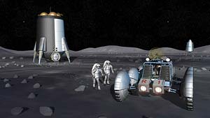 Recreacin de diciembre de 2006 de la base lunar. Con respecto a esta imagen el proyecto presentado hoy introduce cambios en el vehculo, que ahora tendra la cabina cerrada. (Foto: NASA)