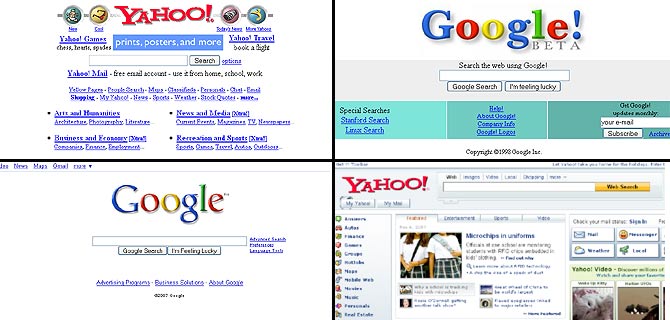 Comparativas de Yahoo! y Google en 1998 (arriba) y 2007 (abajo).