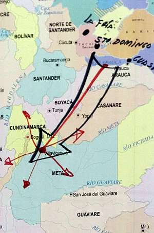 Detalle del mapa donde Chávez explicó gráficamente la 'caravana humanitaria' y donde se puede situar Villavicencio. (Foto: EFE)