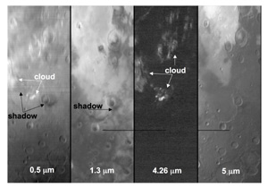 Imgenes de la superficie de Marte con las nubes de dixido y sus correspondientes sombras sealadas (Foto: ESA / OMEGA TEAM)
