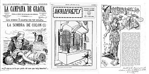 En la imagen, fragmentos del semanario 'La Campana de Gracia' (i), de la revista humorística 'Aigua forts' (c) y de 'Andalucía', todas ellas pertenecientes al archivo de la Biblioteca Virtual de Prensa Histórica. (Foto: EFE)