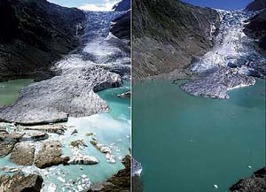Deshielo del glaciar Trifgletscher entre el año 2003, a la izquierda, y 2004, a la derecha. (Foto: Glaciers Online)