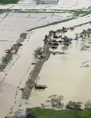 Una aldea, cercana a Rangn, cubierta por el agua. (Reuters)