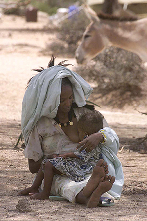 Una madre de Eritrea da de mamar a su hija bajo la sombra de un árbol en el campo de desplazados de Asmara. (Foto: AP)