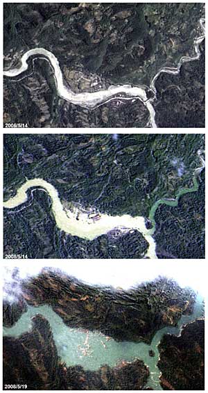 El terremoto ha provocado la acumulacin de agua en Beichuan. La imagen superior es de 2006. Las siguientes, tras el terremoto. (Foto: Reuters)