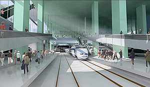 Un AVE accede a la futura Estacin Central de Valencia, en nua recreacin virtual.