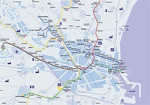 Mapa actual de la red de metro a su paso por el ncleo urbano de Valencia y los municipios limtrofes. (Metrovalencia)