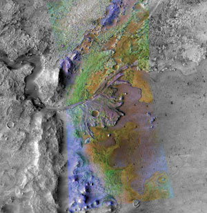 La zona de color en el la fotografa muestra el delta del crter 'Jezero', que pudo haber sido un lago. (Foto: NASA | Brown University)