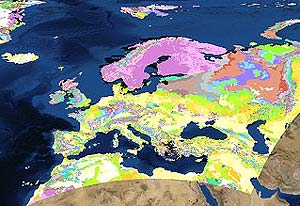 Visin geolgica del Hemisferio norte, donde los pases adoptan colores pastel. A la derecha, el mapa actual. (Foto: OneGeology)