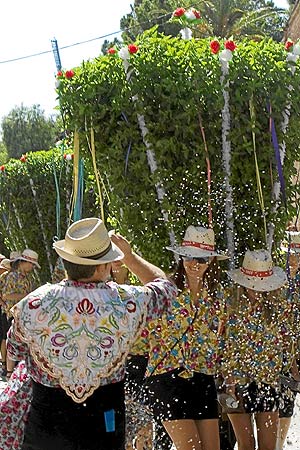Jóvenes habitantes de Bétera desfilan junto a las plantas gigantes de albahaca. (Foto: Vicent Bosch)