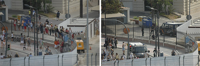 Fotos remitidas por el lector. A la izquierda, los espectadores subidos a la valla. A la derecha, ya desalojados.